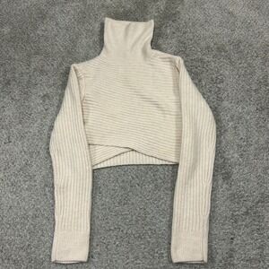 Crescent Turtleneck Sweater L Cream Cropped‎ Ribbed Knit Crossover Wrap Hem